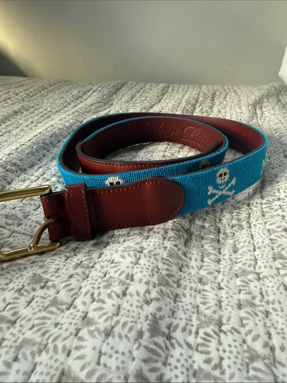 Tucker. Lair Leather-Trim Blue Skull Strap with Brass Buckle